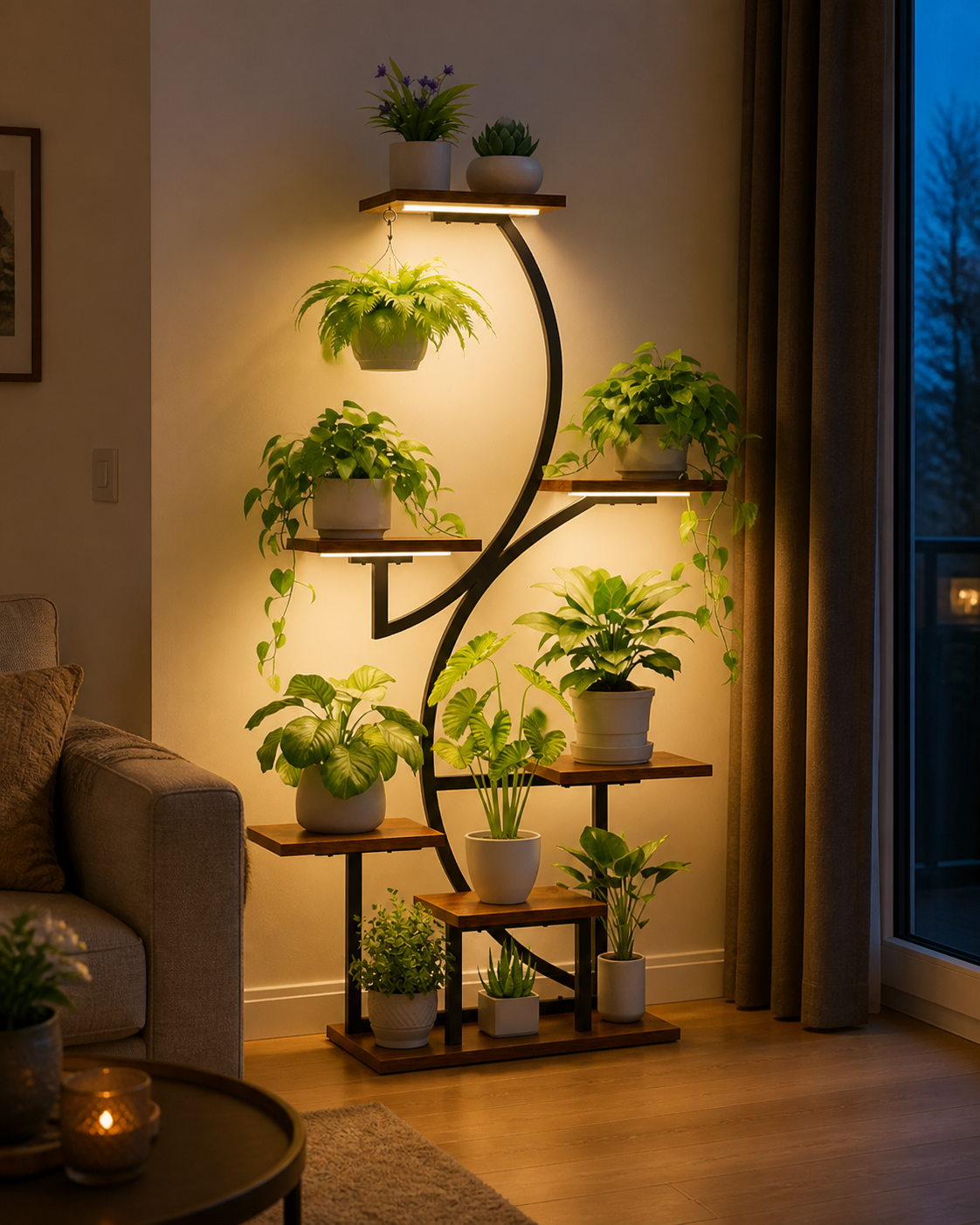 LumiPlant LED-plantenstandaard in een gezellige woonkamer