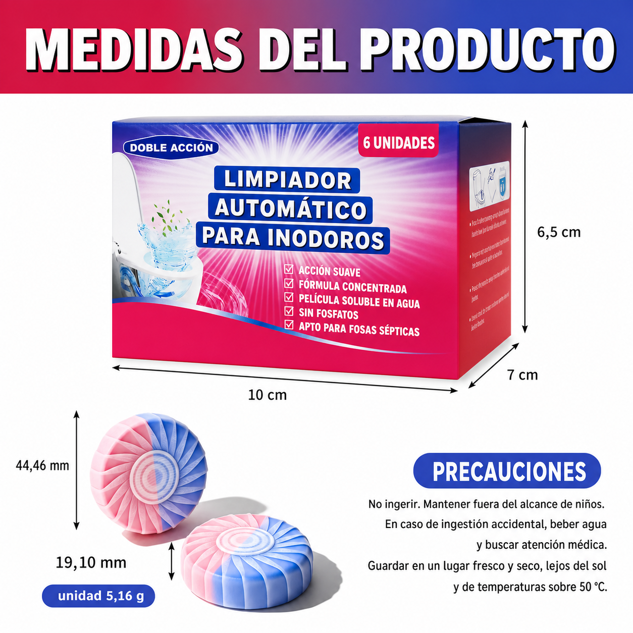 Medidas del producto y precauciones de uso
