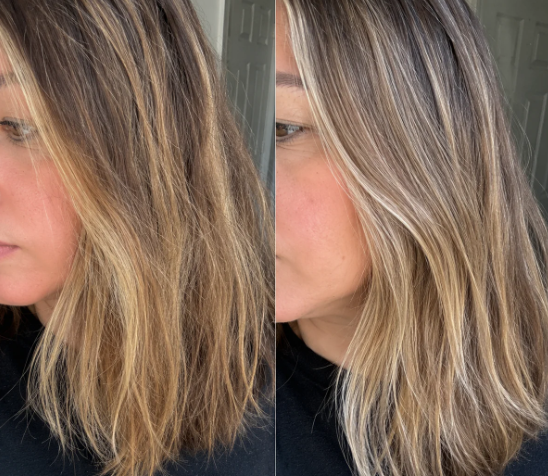 Antes e depois de cabelo loiro com menos frizz