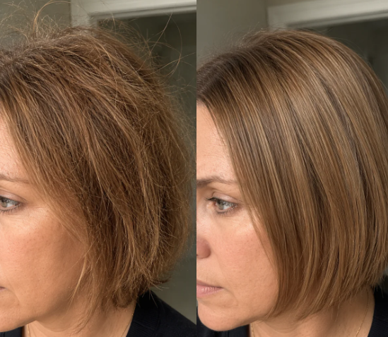 Antes e depois de cabelo curto mais alinhado