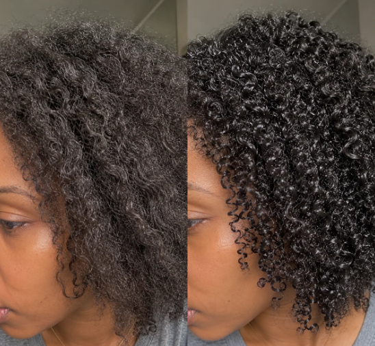 Antes e depois de cabelo cacheado com menos frizz