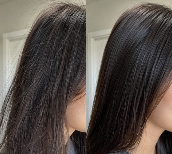 Antes e depois de cabelo escuro com menos fios arrepiados