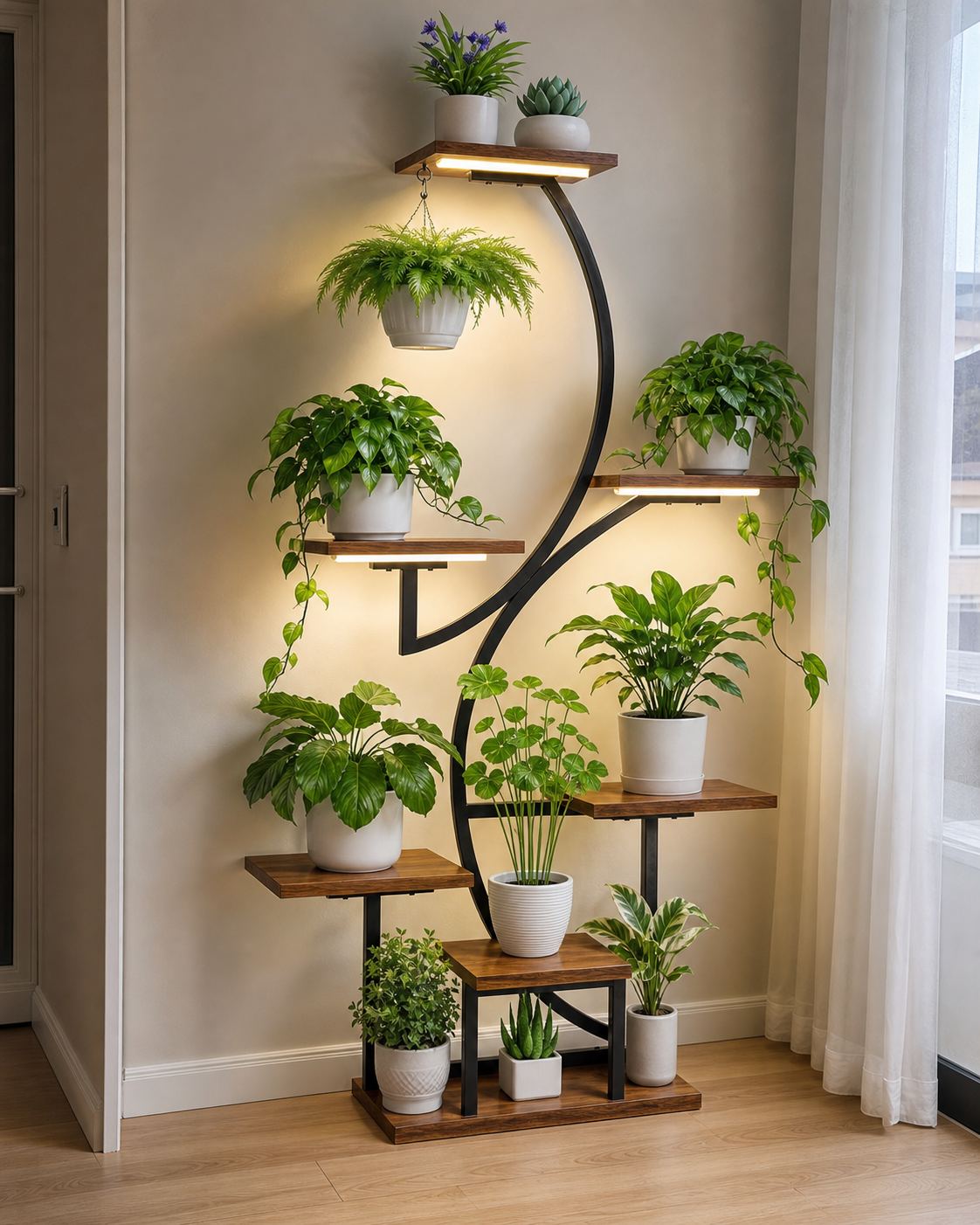 S-vormige plantenstandaard met houten planken