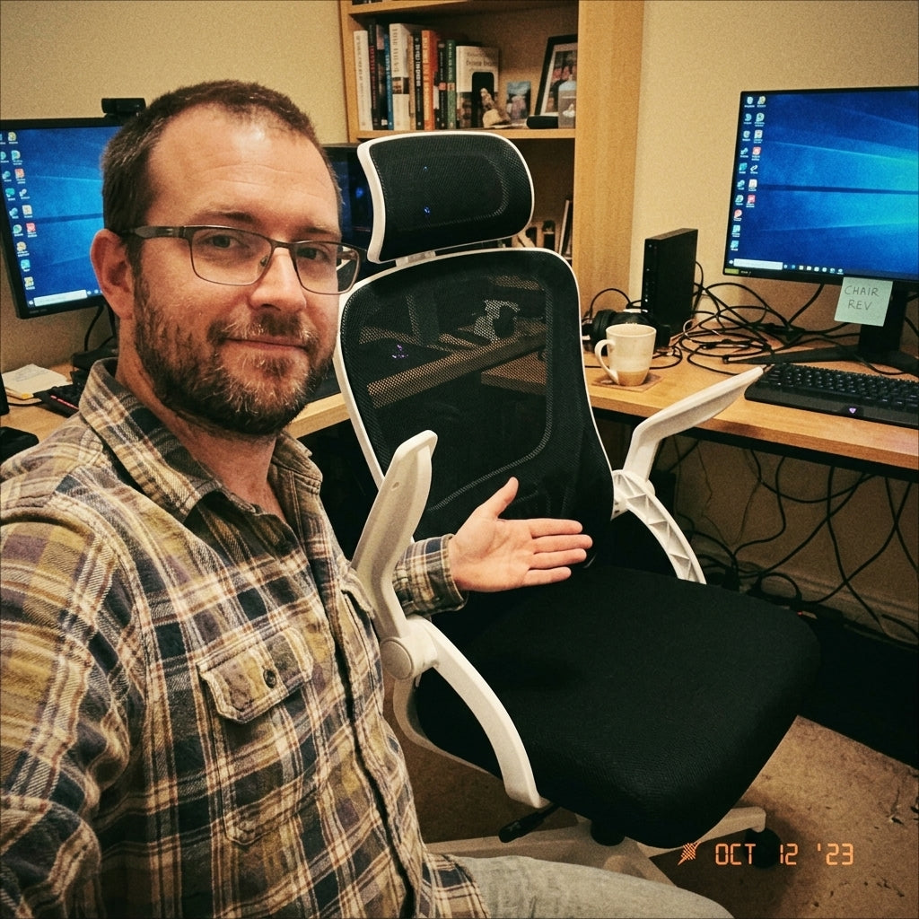 Usuario mostrando la silla ergonómica AirFlex
